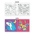 A two-part image displaying "Before" and "After" coloring pages from the Mud Puppy Magic Bath Book - Unicorn. "Before" shows black and white outlines of a unicorn and a butterfly. "After" reveals vibrant, colored versions: the unicorn with blue hair and the butterfly with colorful wings on a red and pink background, perfect for bathtime entertainment.