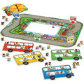 An image of the Orchard Toys Bus Stop Game from Orchard Toys featuring a winding road, a spinner, bus tokens in various colors, and character pieces that fit inside the bus tokens. The vibrant board includes playful illustrations and integrates elements from the National Curriculum Maths, making it an engaging addition and subtraction game.