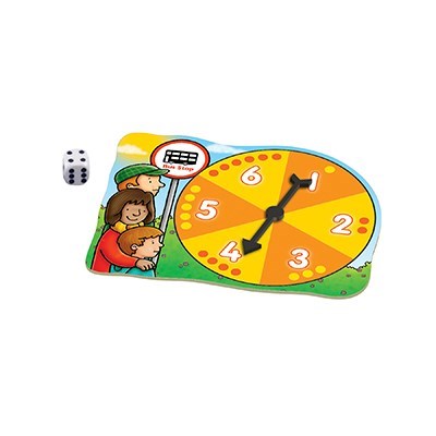 The Orchard Toys Bus Stop Game by Orchard Toys is a colorful board game designed for early learning in addition and subtraction. It features a small spinner with numbers 1 to 6 in yellow and orange segments, a black arrow, and includes a six-sided die. The background displays cartoon children and a sign reading "Bus Stop.