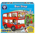 A vibrant game box titled "Orchard Toys Bus Stop Game" from the renowned brand Orchard Toys showcases a double-decker bus filled with cheerful passengers and a stop sign adjacent to it. This educational addition and subtraction game aims to introduce National Curriculum Maths skills to children aged 4-8 years. The box is adorned with playful illustrations and engaging game icons.