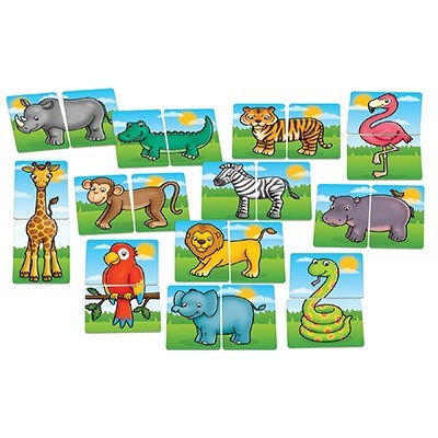 The Orchard Toys Jungle Heads & Tails by Orchard Toys features puzzle pieces with illustrated animals in a grassy environment, including a rhino, crocodile, tiger, flamingo, giraffe, monkey, zebra, hippo, parrot, lion, elephant, and snake. This matching game helps develop memory skills as each animal is divided into two puzzle pieces.