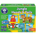 A vibrant box labeled "Orchard Toys Jungle Heads & Tails" by Orchard Toys contains a matching game with 24 cards depicting animals such as a tiger, parrot, and elephant. Suitable for ages 18 months and up, this teacher-tested activity is made in Britain and ideal for developing memory skills.