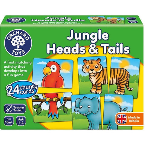 A vibrant box labeled "Orchard Toys Jungle Heads & Tails" by Orchard Toys contains a matching game with 24 cards depicting animals such as a tiger, parrot, and elephant. Suitable for ages 18 months and up, this teacher-tested activity is made in Britain and ideal for developing memory skills.