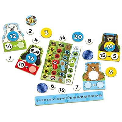 The Orchard Toys Numbers Bear Game by Orchard Toys is an educational board game that features animal-themed cards, numbered discs, and a number line. It includes illustrations of a polar bear, panda, and other animals to present numerical problems. The discs display numbers and math symbols designed to teach simple arithmetic and solve mathematical problems.