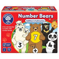 Introducing the vibrant Orchard Toys Numbers Bear Game by Orchard Toys! The box showcases five charming cartoon bears, each holding a number, including a panda with the number 4, a brown bear with the number 7, and a polar bear with the number 3. Designed for children aged 5 and up, this engaging game teaches addition and subtraction through enjoyable mathematical challenges.