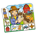 The Orchard Toys Old MacDonald Lotto Game by Orchard Toys is an early learning matching game that features charming farm-themed illustrations, including a young girl in a hat petting a horse, along with images of a cat, chicken, barn, ATV, bird, and an inset of the girl. The background also includes sun and birds to enhance the engaging farm environment.