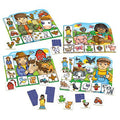 The Orchard Toys Old MacDonald Lotto Game by Orchard Toys features four vibrant, farm-themed puzzle boards, each showcasing a person along with various animals such as cows, horses, pigs, and chickens. This early learning matching game includes detachable animal pieces and small cards with images to enhance object matching skills in a fun farm environment.