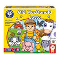 A box for the "Orchard Toys Old MacDonald Lotto Game," an early learning matching game by Orchard Toys. The cover illustration depicts a farmer in a vibrant farm setting, surrounded by various animals, including a cow, pig, sheep, dog, duck, and hen. Charming details such as a red tractor and small bees enhance this object matching skills game.