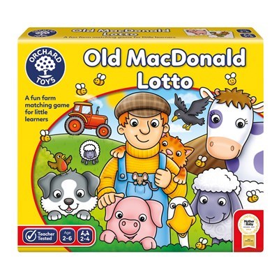 A box for the "Orchard Toys Old MacDonald Lotto Game," an early learning matching game by Orchard Toys. The cover illustration depicts a farmer in a vibrant farm setting, surrounded by various animals, including a cow, pig, sheep, dog, duck, and hen. Charming details such as a red tractor and small bees enhance this object matching skills game.