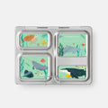 A segmented lunch tray features vibrant illustrations of ocean animals such as a sea turtle, dolphins, fish, a shark, and a whale. Constructed from stainless steel with five compartments, the tray's light sea green background can be personalized with customizable PlanetBox Launch Magnets from CAMELBAK for an added touch of individuality.