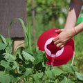 A person is holding a QUUT Ballo Bucket - Red, featuring a smart design, and pouring water onto green leafy plants in a garden. The plants are lush, and the background features a wooden post and a blurred view of more foliage.