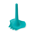 An image of a green QUUT Triplet Beach & Bath Toy, a multifunctional tool designed for draining, featuring a long handle that tapers to a narrow tip and a wide, flat base with perforated holes and a comb-like edge on one side.