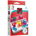 Image of the Smart Games IQ Link puzzle game packaging by Smart Games. The box features vibrant, interlocking plastic pieces organized on a white pegboard. Text on the box indicates it's suitable for ages 8 to adult, supports 1 player, includes 120 challenges, and is ideal for travel.