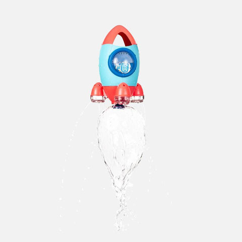 The Tiger Tribe Bath Rocket by TIGER TRIBE is a vibrant plastic bath toy, predominantly featuring red and blue colors. It expels streams of water from four nozzles around the bottom part, creating the illusion of a rocket blast-off—perfect for interactive water explorations and sensory play.