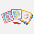 Tiger Tribe Magic Painting ABC - Alphabet Adventures by TIGER TRIBE offers an assortment of colorful, reusable Magic Painting cards featuring different illustrations, including an astronaut (A), a banana and moon (D), and a fox (F), accompanied by a red stylus pen. These mess-free painting cards are neatly arranged in stacks with varying border colors, perfect for toddlers.