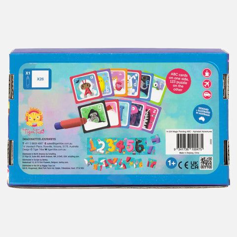 A vibrant and colorful box featuring the Tiger Tribe Magic Painting ABC - Alphabet Adventures set for toddlers. This set includes illustrated alphabet cards and a waterbrush pen, suitable for ages 1 and up. Inside, you'll find 26 reusable Magic Painting cards with a total of 125 pictures, offering mess-free painting fun with designs that include lively animals and numbers by TIGER TRIBE.