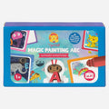 A colorful box labeled "Tiger Tribe Magic Painting ABC - Alphabet Adventures" by TIGER TRIBE. It features reusable Magic Painting cards with illustrated alphabets, a character dressed as 'A', and a mess-free magical painting brush. Suitable for toddlers aged 1+, the set includes 26 enchanting ABC cards.