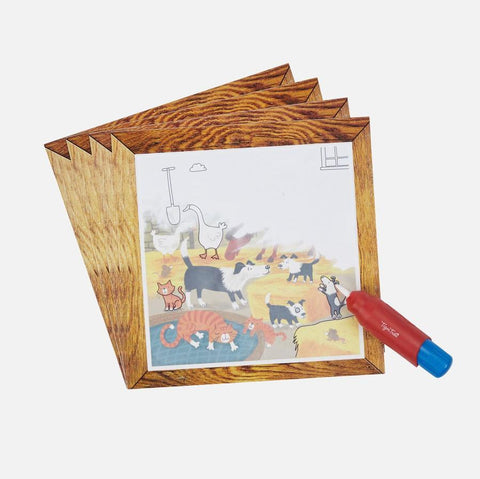 The Tiger Tribe Magic Painting World - Farm by TIGER TRIBE is a wooden-framed portable activity set that showcases a delightful farm scene. Animals are seen engaging in various activities, from frolicking around to lounging on the ground. This mess-free painting kit comes with blue and red marker pens, making it perfect for hours of imaginative and creative fun.