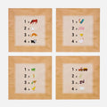 Each of the four squares in the Tiger Tribe Magic Painting World - Farm set by TIGER TRIBE depicts a simple math problem involving animals and objects. Each square shows 1 to 4 images of a horse, rooster, frog, tractor, tiger, pig, fox, and cow alongside the multiplication (x) sign.