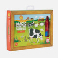 A boxed product titled "Tiger Tribe Magic Painting World - Farm" by TIGER TRIBE is designed for ages 1 and up. The front of the box showcases farm animals such as cows and a rabbit. This portable activity set includes a water pen and features vibrant, child-friendly illustrations, ensuring mess-free painting fun.