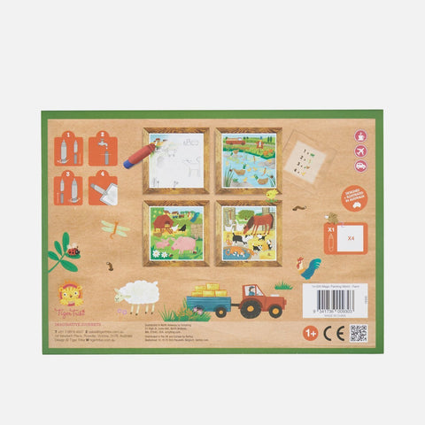 The back of the Tiger Tribe Magic Painting World - Farm children's puzzle box, depicting farm scenes and animals, showcases four puzzle illustrations, a blue marker, an eraser, and some math exercises. This mess-free painting set from TIGER TRIBE also includes age recommendations and safety certifications.