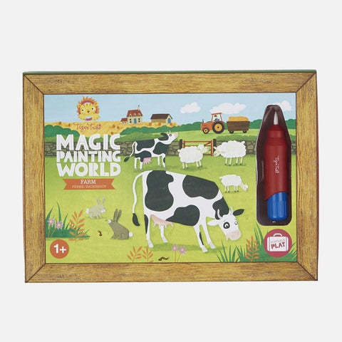 The "Tiger Tribe Magic Painting World - Farm" by TIGER TRIBE is a portable activity set featuring an illustration of a cow, sheep, rabbit, other farm animals, and a tractor. This set comes with a water brush pen for mess-free painting and the packaging is designed with a charming farm scene. It is suitable for ages 1 and up.