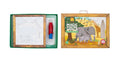 The image shows a children's painting kit titled "Tiger Tribe Magic Painting World - Safari" from TIGER TRIBE, featuring an African safari scene. An open box reveals a magical water-brush and a drawing of a giraffe and an elephant, while the closed box displays the vibrant, completed scene of this portable play set.