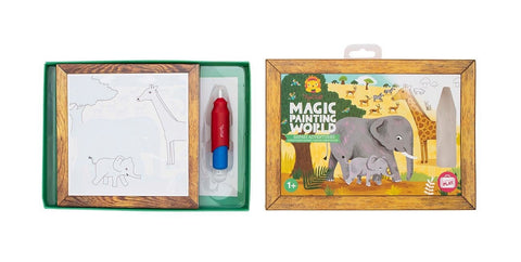 The image shows a children's painting kit titled "Tiger Tribe Magic Painting World - Safari" from TIGER TRIBE, featuring an African safari scene. An open box reveals a magical water-brush and a drawing of a giraffe and an elephant, while the closed box displays the vibrant, completed scene of this portable play set.