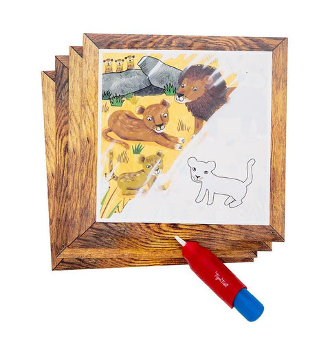 The Tiger Tribe Magic Painting World - Safari by TIGER TRIBE is a children's activity set that includes layered wooden frames with transparent sheets depicting a lion family. One sheet features a partially colored image of lions and a blank lion outline waiting to be magically painted. Accompanied by a red and blue coloring pen labeled "Tiger Tribe" and a water-brush, this set makes the perfect portable play option.