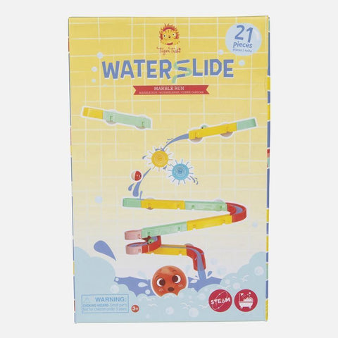 The image depicts the front of a "Tiger Tribe Marble Waterslide" toy box from the TIGER TRIBE brand. The vibrant design includes an illustration of the marble waterslide set and a playful character, indicating that this multi-layered toy is ideal for children aged 3 and older. The box includes 21 pieces, making it perfect for water play during bath time.