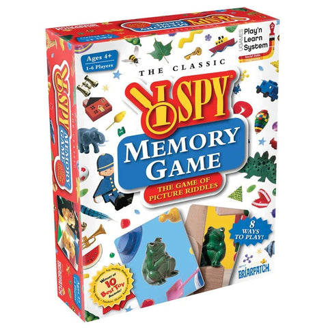 The image shows a box of the "U.Games I Spy Memory Game" by University Games. The front of the box features colorful illustrations of various objects, characters, and animals. It highlights that the game is for ages 4+, accommodates 1-6 players, offers 8 ways to play, and enhances visual skills with engaging memory riddles.