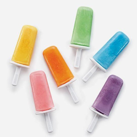 Six Zoku Mod Pops are arranged in a scattered pattern on a white background. These colorful BPA-free popsicles come in yellow, green, blue, pink, orange, and purple. Each one features a white handle and built-in drip guard for mess-free enjoyment.